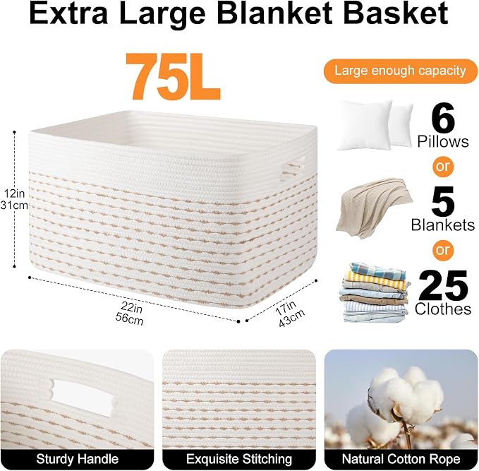 OIAHOMY 75L Blanket Basket, Woven Cotton Rope Basket - Image 2