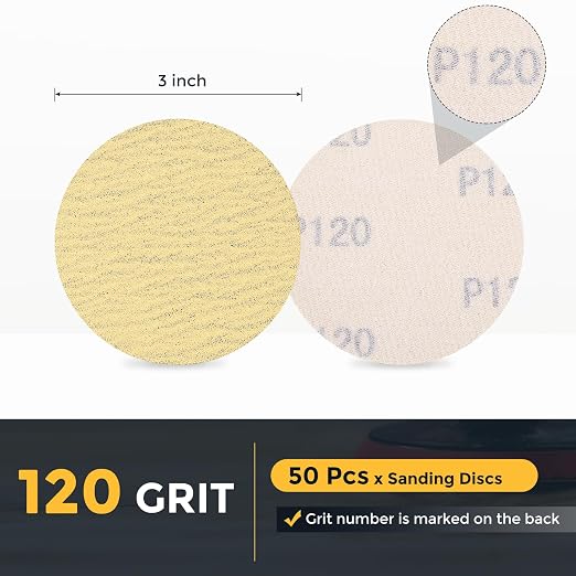 HARFINGTON 50 Pcs 3 Inch Sanding Discs 120 Grit Yellow Aluminum Oxide | Hook - Image 2