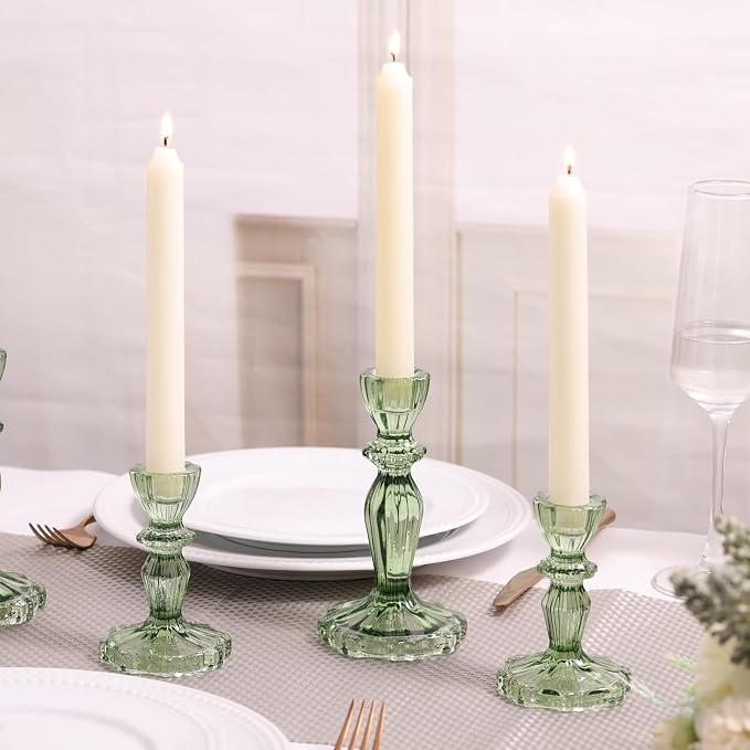Green Candlestick Holders Set of 6, Glass Taper Candle Holders | 4.3" H & 6.3" H - Image 6