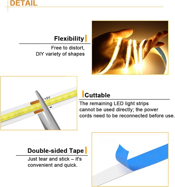 5V USB LED Strip Lights, 3.28FTx2 3Key COB Light Strip Warm White, Short LED - Image 3