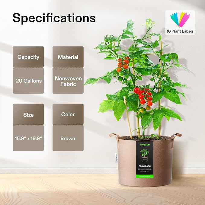 VIVOSUN 5-Pack 20 Gallon Plant Grow Bags Fabric Pots - Image 2