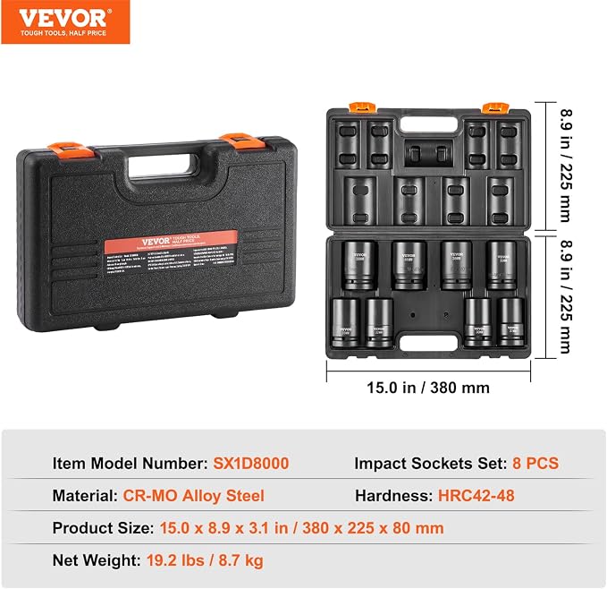 VEVOR 1" Drive Impact Socket Set, 8 Piece Deep Socket Set Metric 27-41mm - Image 7