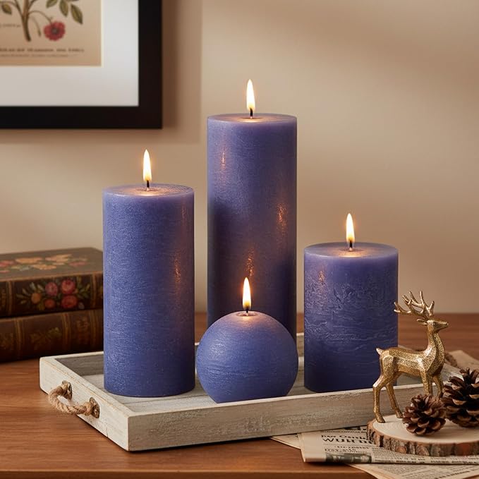 Dark Blue Rustic Textured Pillar Candles Set - Image 2