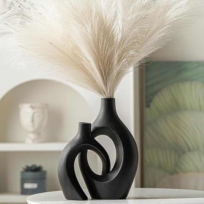 XL Black Ceramic Vase Set of 2 for Modern Home Decor, Neutral Boho Round Donut - Image 4