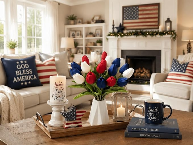 Mandy's 20pcs Artificial Red White Blue Tulips | 13.5 Inch Lifelike PU Tulips - Image 8