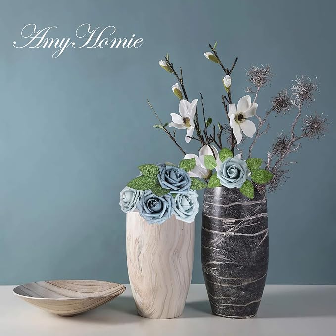 AmyHomie Dusty Blue Rose 25pcs Real Looking Artificial Flowers w/Stem | Bouquet - Image 4