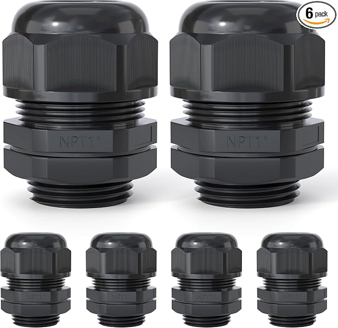 6 Pcs 1" NPT Cable Glands, IP68 Waterproof Nylon PA66 | Strain Relief Cord Grips by EBILNVKE
