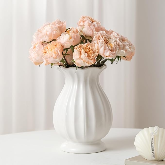 White Ceramic Vase, 7.8 Inch Flower Vase Home Decor Modern Decorative Vases | by Unknown