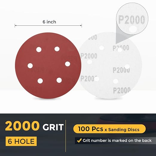 HARFINGTON 100 Pcs 6 Inch Sanding Discs 2000 Grit Red Aluminum Oxide 6 Hole | - Image 2