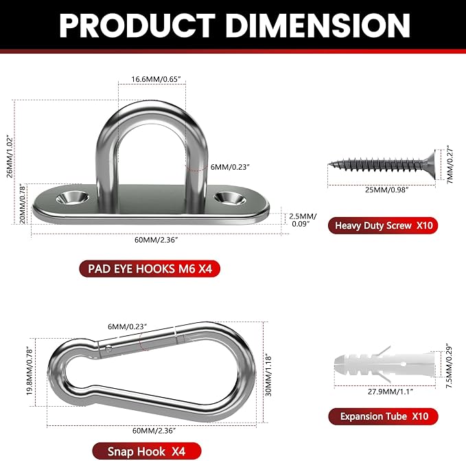 304 Stainless Steel Pad Eye Snap Hook, M6 Ceiling Hook 800Lb, Yoga Gym Equipment - Image 4