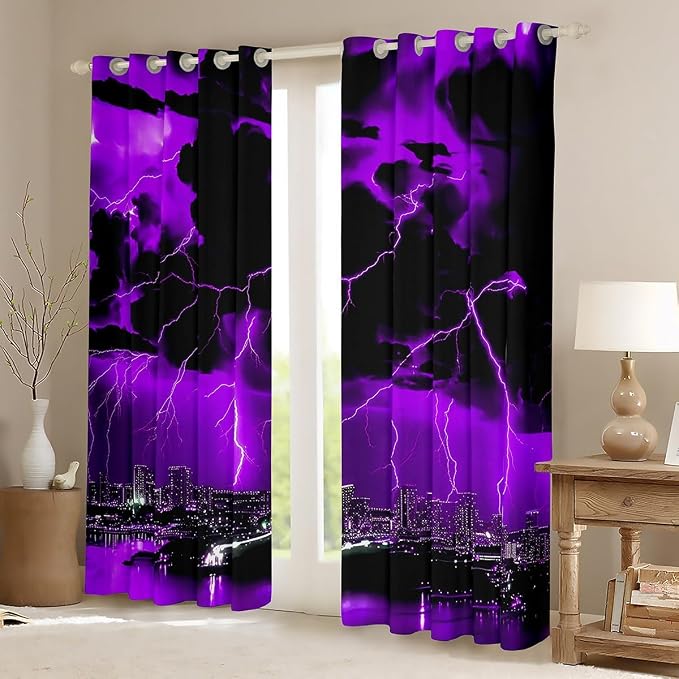jejeloiu Purple Thunder Lightning Window Drapes Cool Flashing Lightning - Image 2