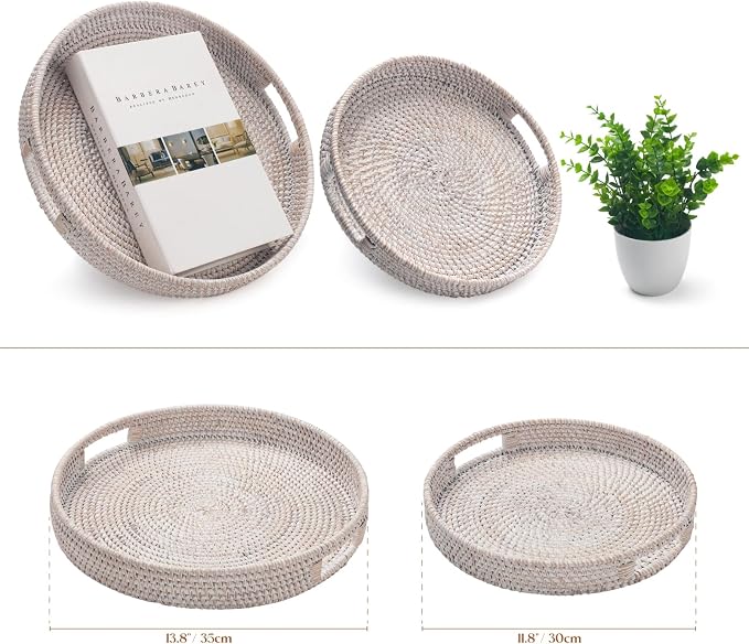 13.8 inch Round Rattan Tray, Decorative Coffee Table Tray, Ottoman Tray - Image 4