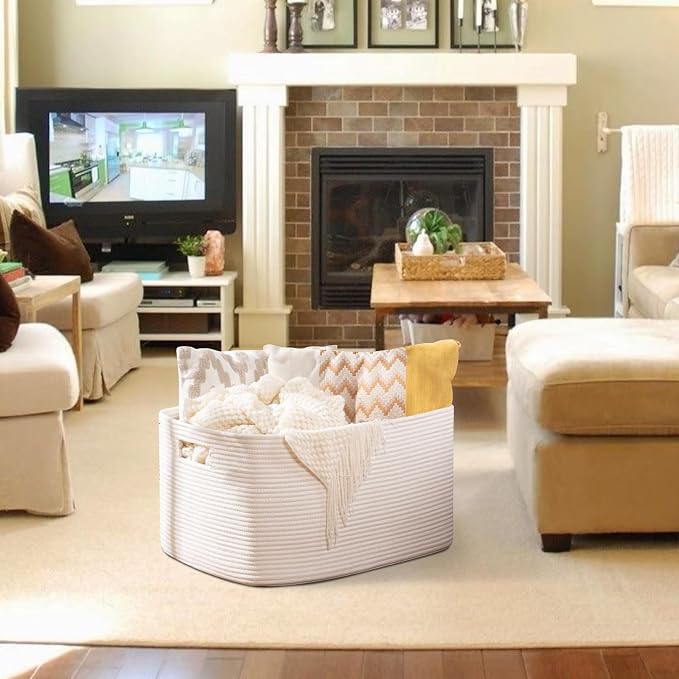 OIAHOMY XXLarge Rectangle Blanket Basket-96L, Cotton Woven Basket - Image 2