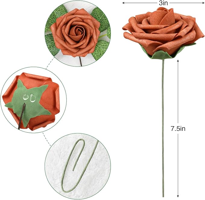 AmyHomie Burnt Orange Rose 25pcs Real Looking Artificial Flowers w/Stem | - Image 2