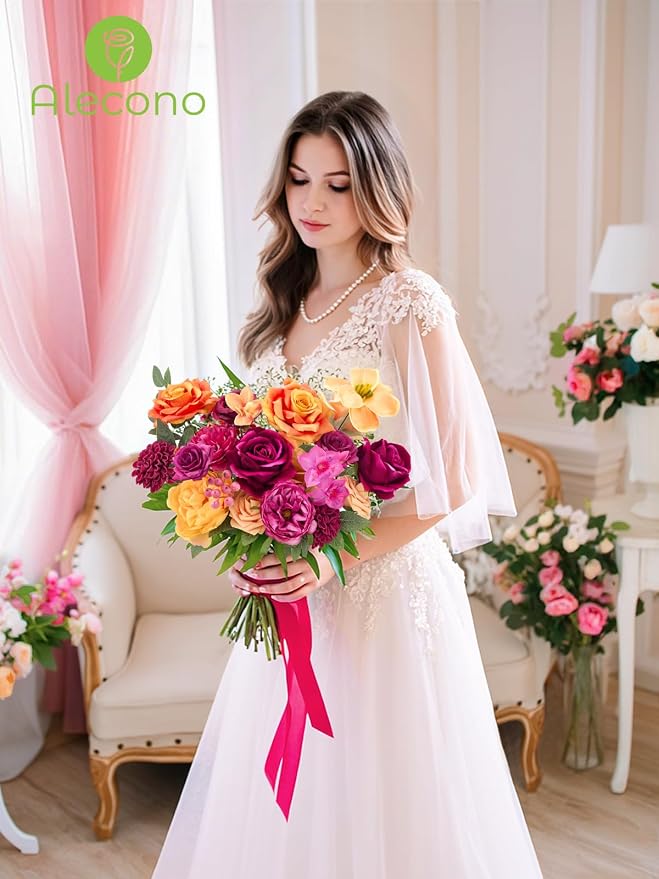 Alecono Hot Pink and Orange Silk Artificial Flowers - Image 8