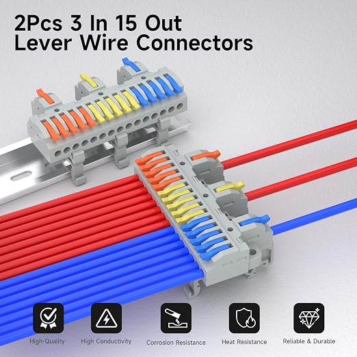 2Pcs Lever Wire Connectors, 3 in 15 Out, 0.75-2.5 mm², | Quick Wiring DIN - Image 2