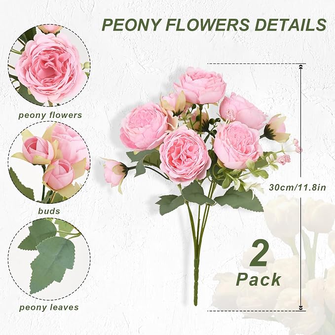 2 Packs Peonies Artificial Flowers, Light Pink Silk Artificial Peonies | Fake - Image 4