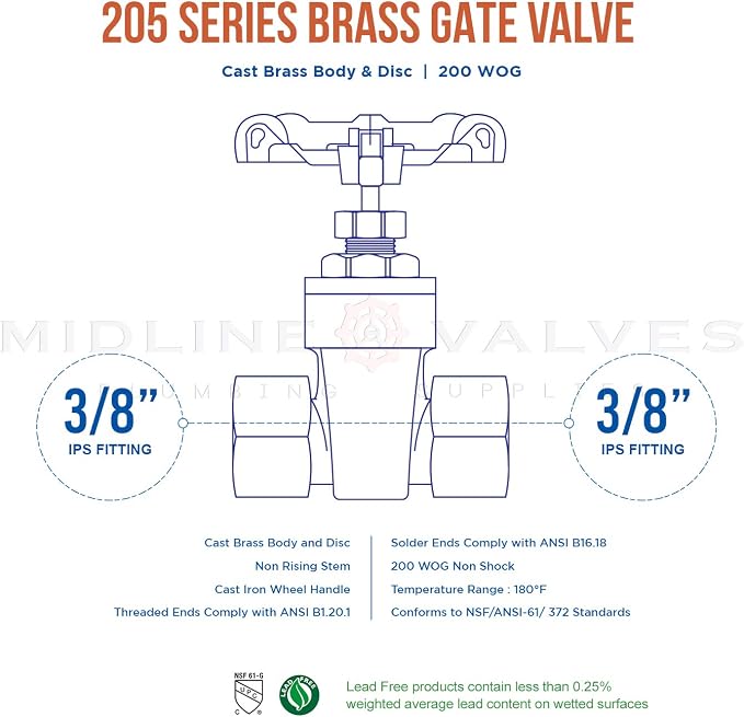 MIDLINE VALVE 427U25I Gate Valve, Lead-Free 3/8 in. FIP Connection, Cast Brass - Image 5