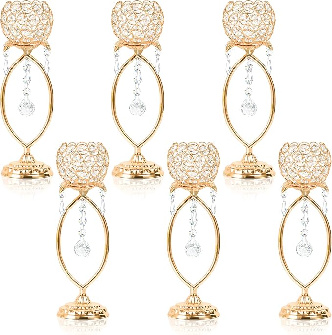 6 Pcs Gold Elegant Metal Crystal Tea Light Candle Holders by kehail