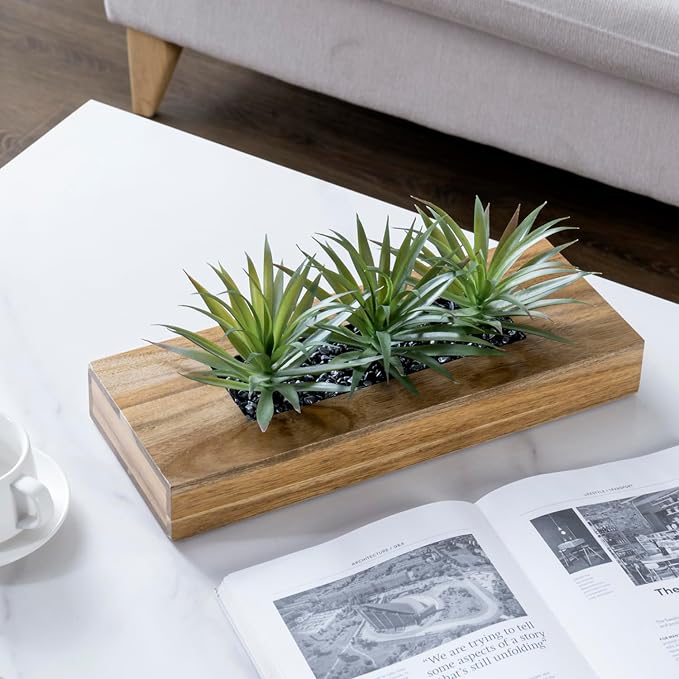 MyGift 15 Inch Artificial Green Grass Plant Acacia Wood Planter | Realistic - Image 3