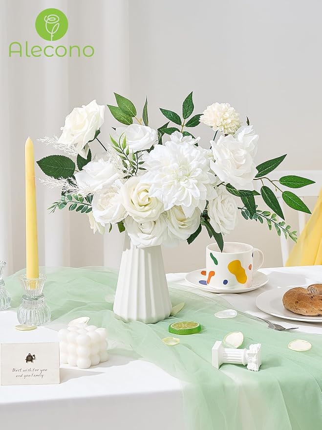 Alecono White Artificial Flowers, Silk Fake Roses - Image 2