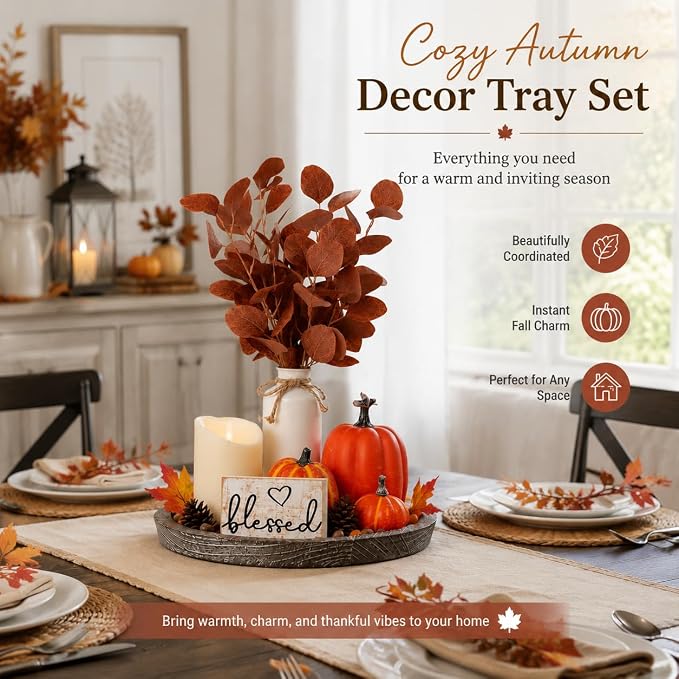 11 Pcs Fall Decor Tray Set, Rustic Farmhouse Decor Centerpieces - Image 4
