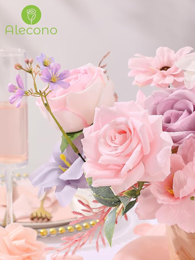 Alecono Pink and Purple Artificial Flowers, Silk Fake Flower Set | - Image 2