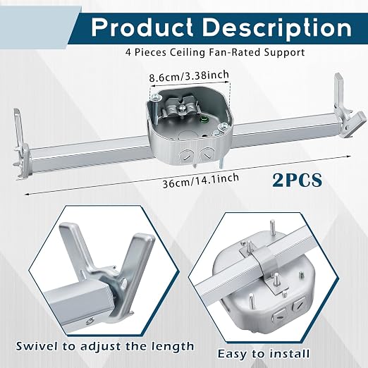 Therwen 2 Pcs Adjustable Fan Electrical Box Brace 14.2 Inches Long Silver - Image 2