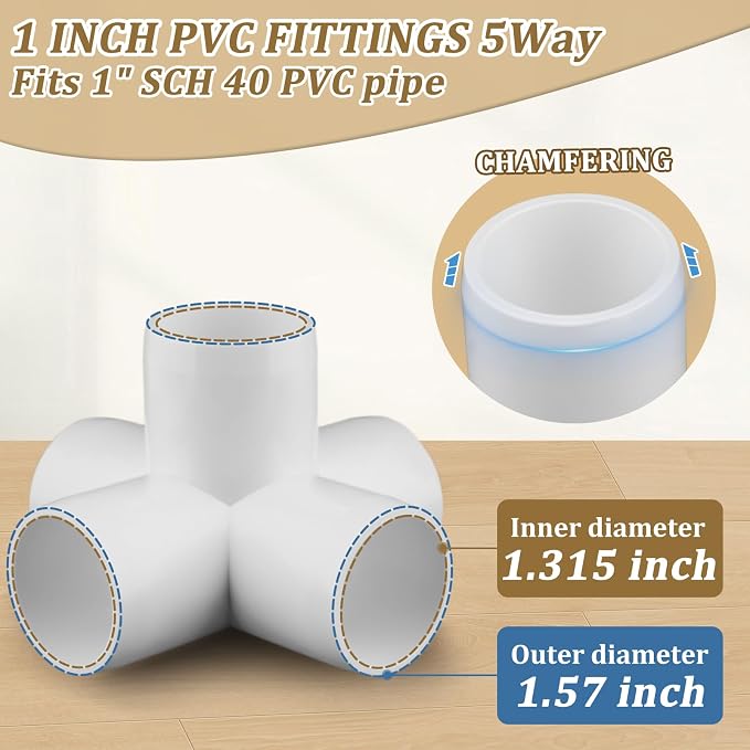 8 Pack 1" PVC Fittings 5 Way, Furniture Grade 1 Inch PVC Pipe Fittings 5 Way - Image 2