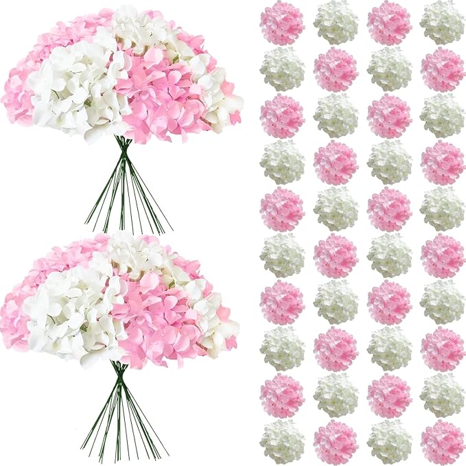 65Pcs Whitepink Hydrangea Artificial Flowers Bulk，Realistic Silk Fake Flowers by Cherica