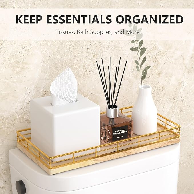 Toilet Paper Basket Organizer, Oak Wood Toilet Tank Tray - Image 3