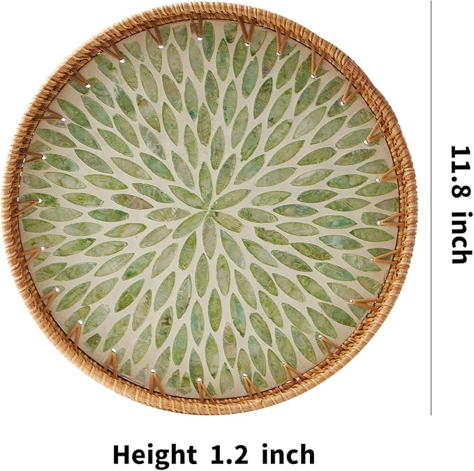 Round Rattan Tray with Mother of Pearl Inlay, Rattan Serving Tray with Wooden - Image 6