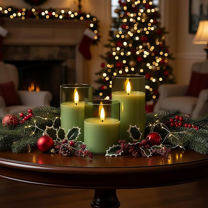 Homemory Sage Green Glass Flameless Candles, Real Wax, Remote Timer, 3 Pack | - Image 7