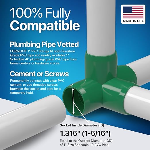 1” 4-Way Tee Furniture Grade PVC Fitting in Green, Made in USA, UV-Resistant - Image 5