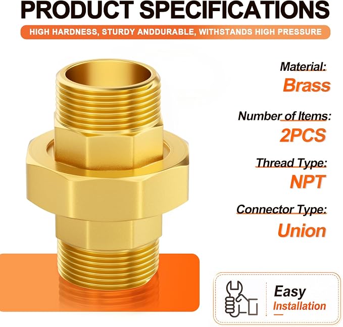 GASHER 2PCS 1-1/4" MNPT Brass Union Pipe Fitting | 1-1/4 Inch Male x 1-1/4 Inch - Image 2