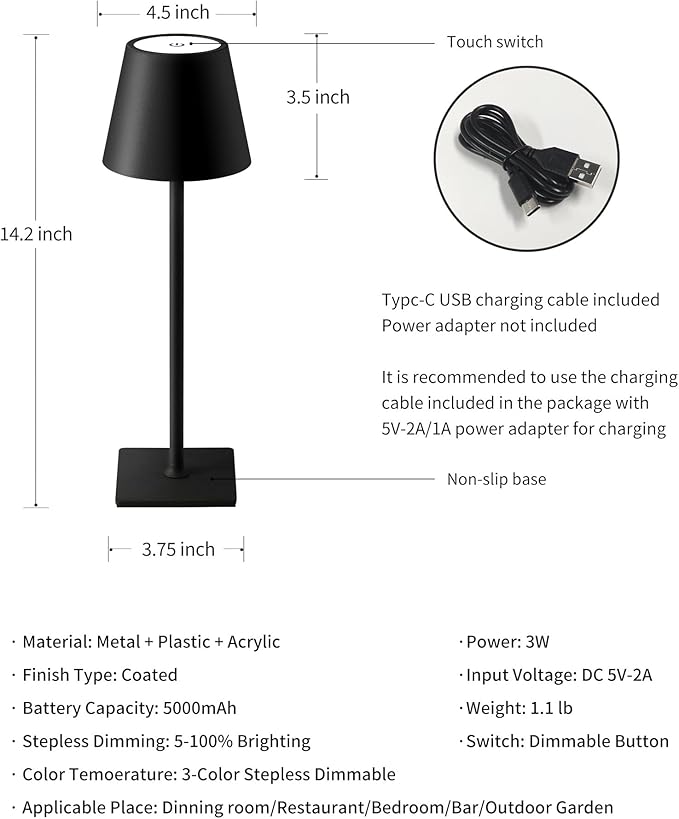 KDG 2 Pack Cordless Black Table Lamps, Rechargeable Portable LED Desk Lamps | - Image 5
