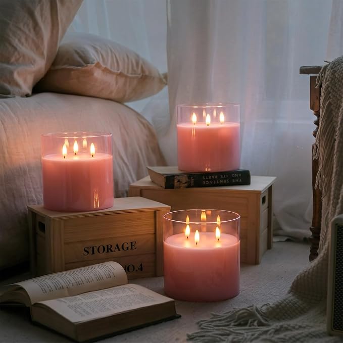 Homemory Pink Large Glass Flameless LED Candle, 3 Wicks, Remote Timer | 6"x6" - Image 5