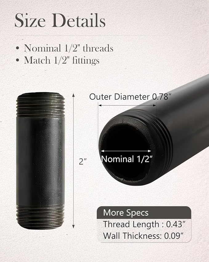 10 Pack 1/2 x 2 Inches Black Pipe Malleable Steel Nipples Fitting | DIY - Image 3