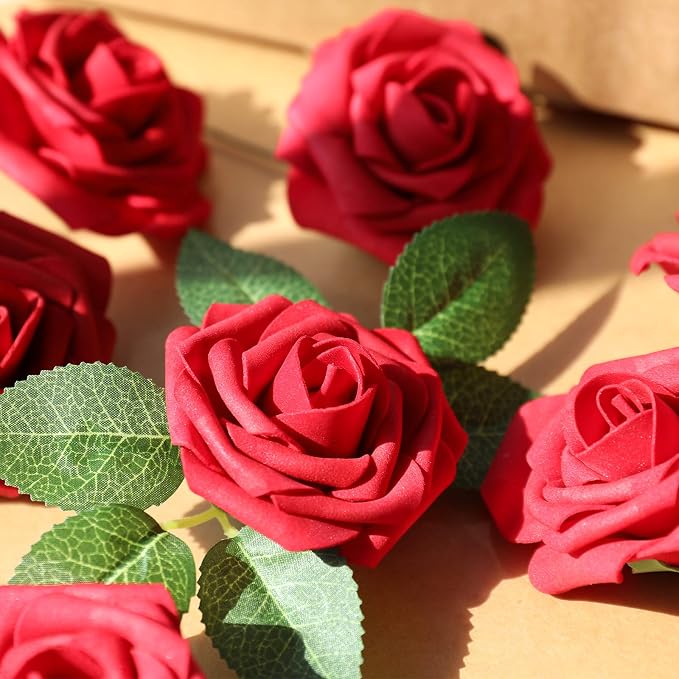 AmyHomie Dark Red Rose 25pcs Real Looking Artificial Flowers w/Stem | Bouquet - Image 6