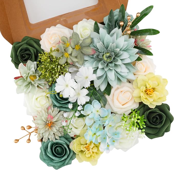 Artificial Flowers Combo Green Flowers Mix Silk Flowers Dahlia Roses by FloweroyalCrafts