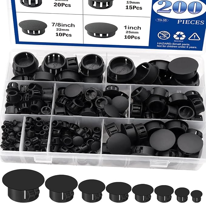 Tnisesm 200Pcs 8 Sizes Nylon Plastic Hole Plugs Black 1/4" 5/16" 3/8" 1/2" 5/8" by Tnisesm