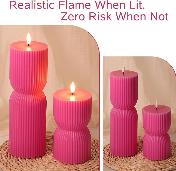 Hot Pink Ribbed Flameless Pillar Candles - Image 6