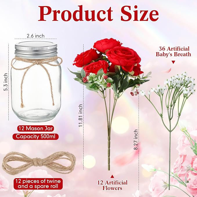 12 Sets Mason Jar Flowers Centerpiece Table Decorations, Artificial Peony - Image 4
