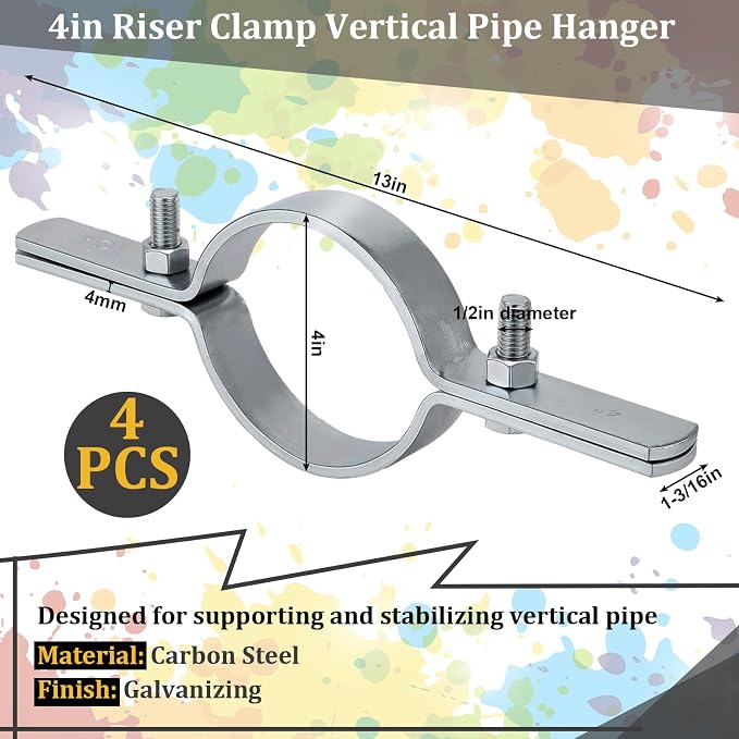 4 Pcs 4 Inch Pipe Riser Clamps Vertical Hanger Support, Galvanized Steel Rigid - Image 2