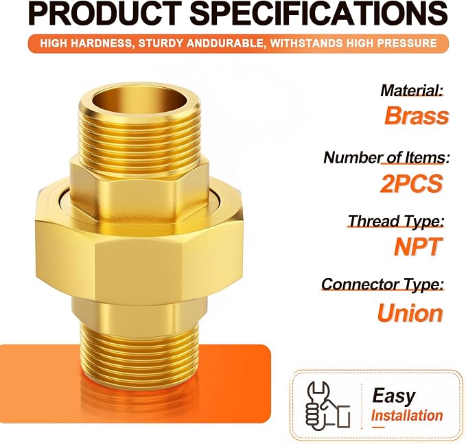 GASHER 2PCS 3/4" MNPT Brass Union Pipe Fitting | 3/4 Inch Male x 3/4 Inch Male - Image 2
