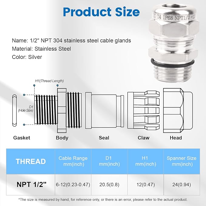 QCG 1/2" NPT Stainless Steel Cable Gland Waterproof IP68, Adjustable - Image 3