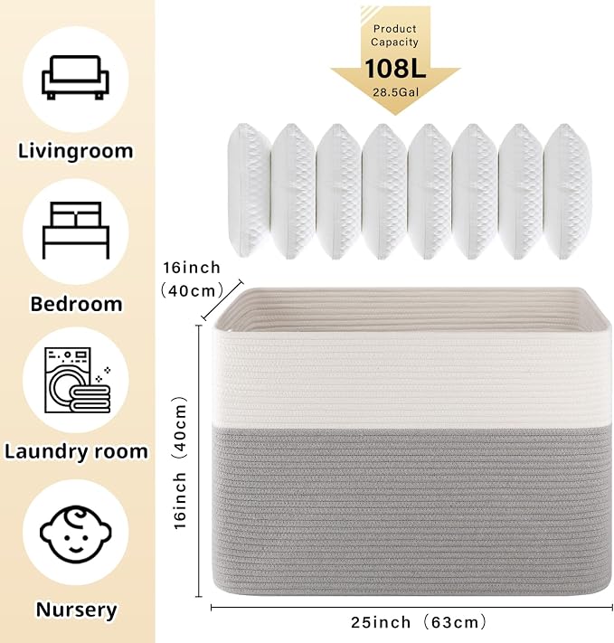 OIAHOMY 108L Extra Large Blanket Basket Dog Toy Basket Grey/White | Rectangle - Image 3