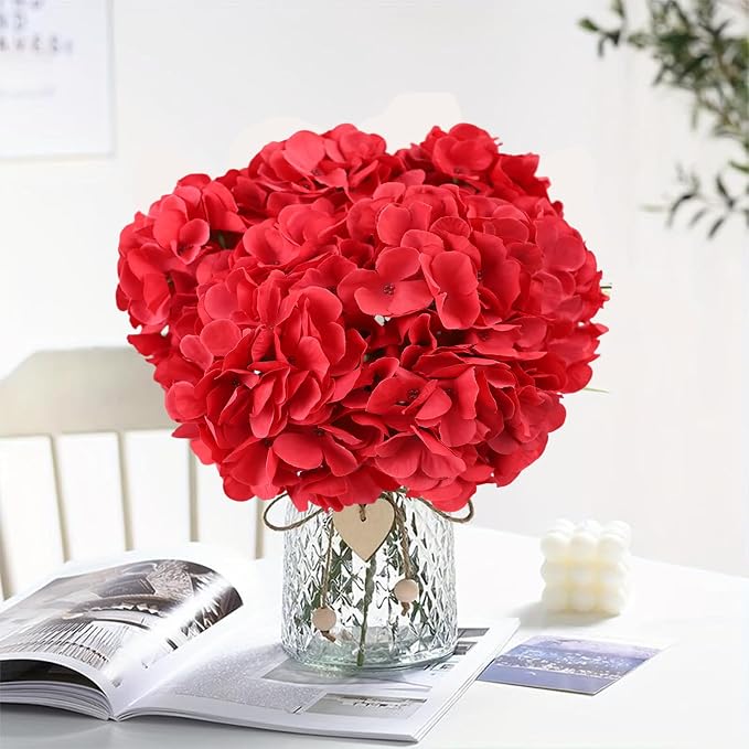 AVIVIHO Fake Flowers 65pcs Red Hydrangea Artificial Flowers Bulk Silk Flowers - Image 6