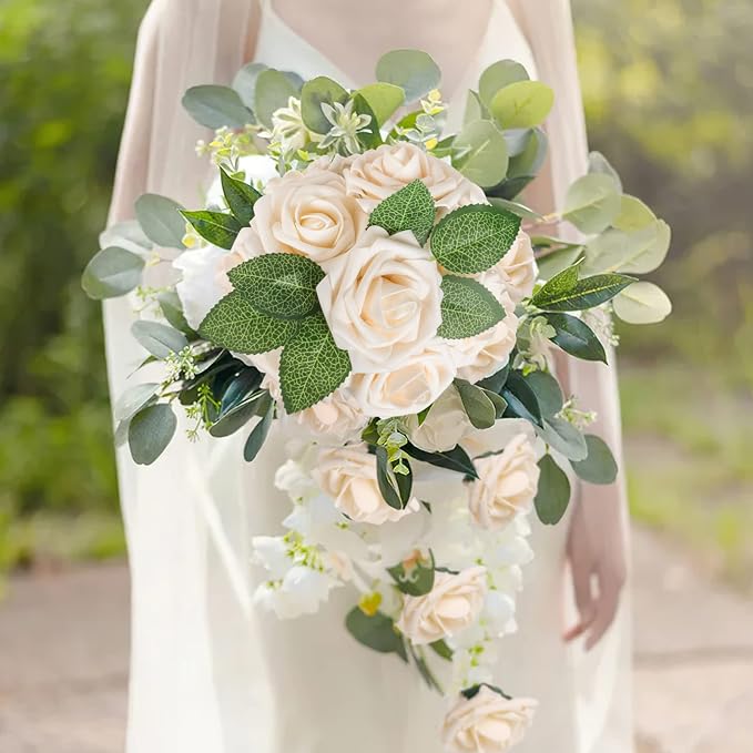 AmyHomie Champagne Rose 100pcs Real Looking Artificial Flowers w/Stem | Bouquet - Image 2