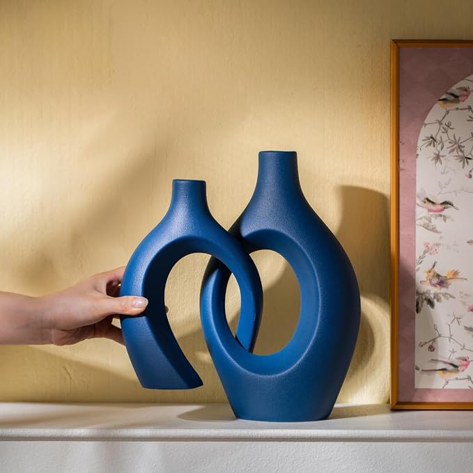 Snuggle Hollow Ceramic Vase Set of 2, 11 inch Modern Nordic Coastal Shaped - Image 6